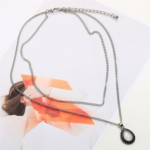 Teardrop Stone Pendant Silver Layered Necklace - Picture 2 of 3